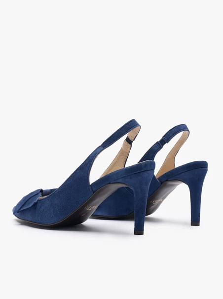 Marineblaue Slingback-Pumps ohne Absatz mit Schleifenverzierung