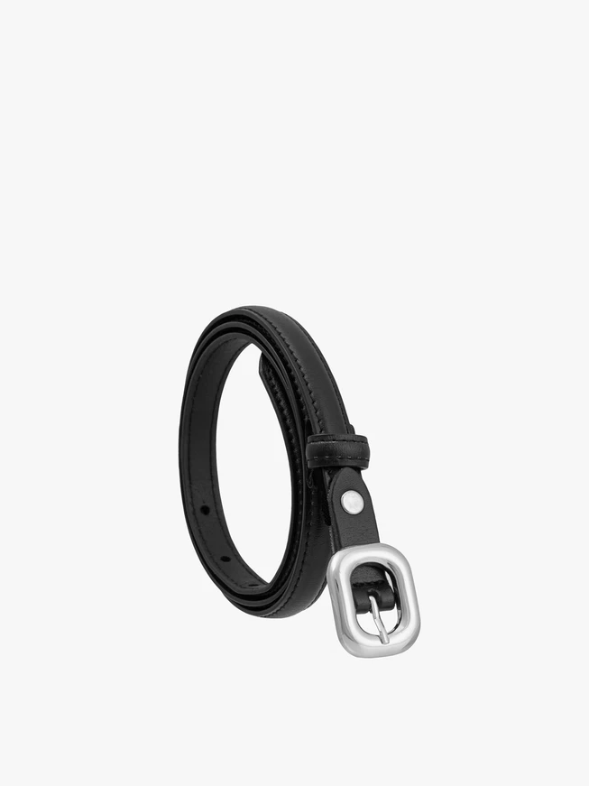 Black women’s leather belt with a silver buckle