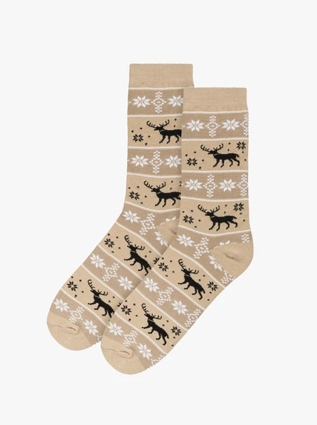 Beige and brown unisex Christmas socks with reindeer