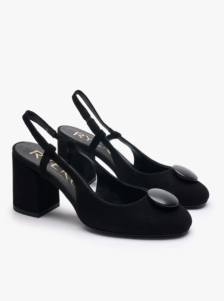 Schwarze Velours-Slingback-Pumps ohne Absatz mit Verzierung