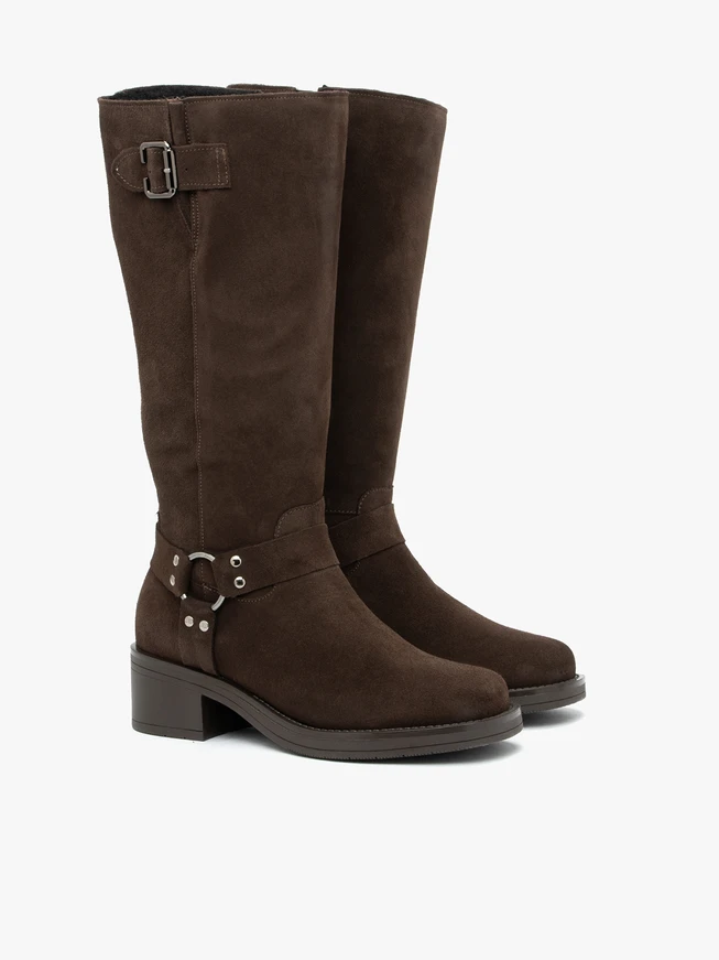 Ciemnobrązowe kozaki biker boots ocieplane kożuchem