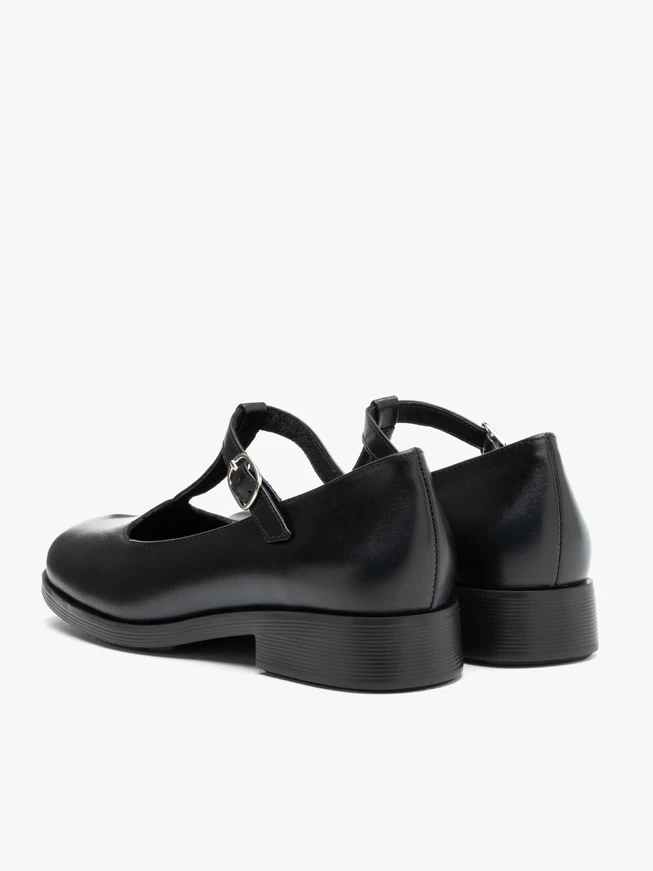 Schwarze T-Bar Vollnarbenleder Ballerinas