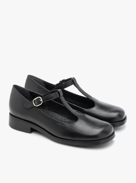 Schwarze T-Bar Vollnarbenleder Ballerinas