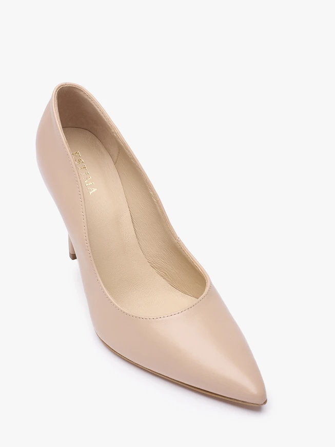 Beigefarbene hohe Stiletto-Pumps aus Leder
