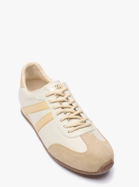 Beżowe sneakersy ze skóry licowej i welurowej
