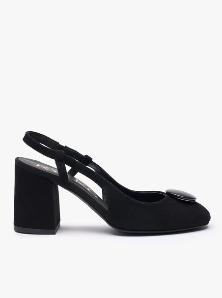 Schwarze Velours-Slingback-Pumps ohne Absatz mit Verzierung