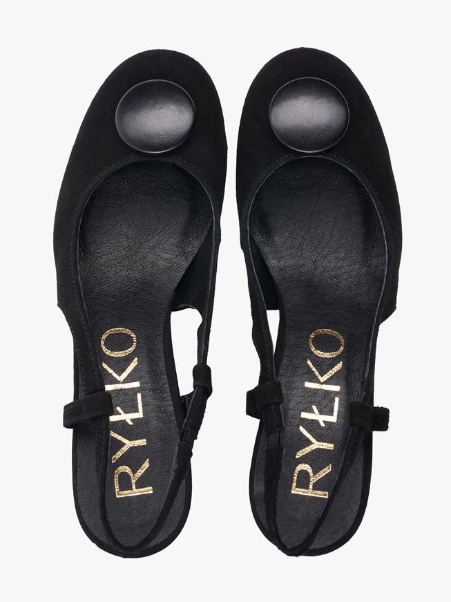 Schwarze Velours-Slingback-Pumps ohne Absatz mit Verzierung