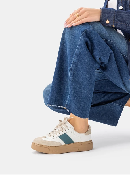 Women’s sporty leather shoes with green stripe