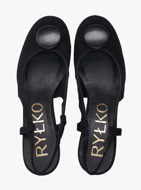 Schwarze Velours-Slingback-Pumps ohne Absatz mit Verzierung