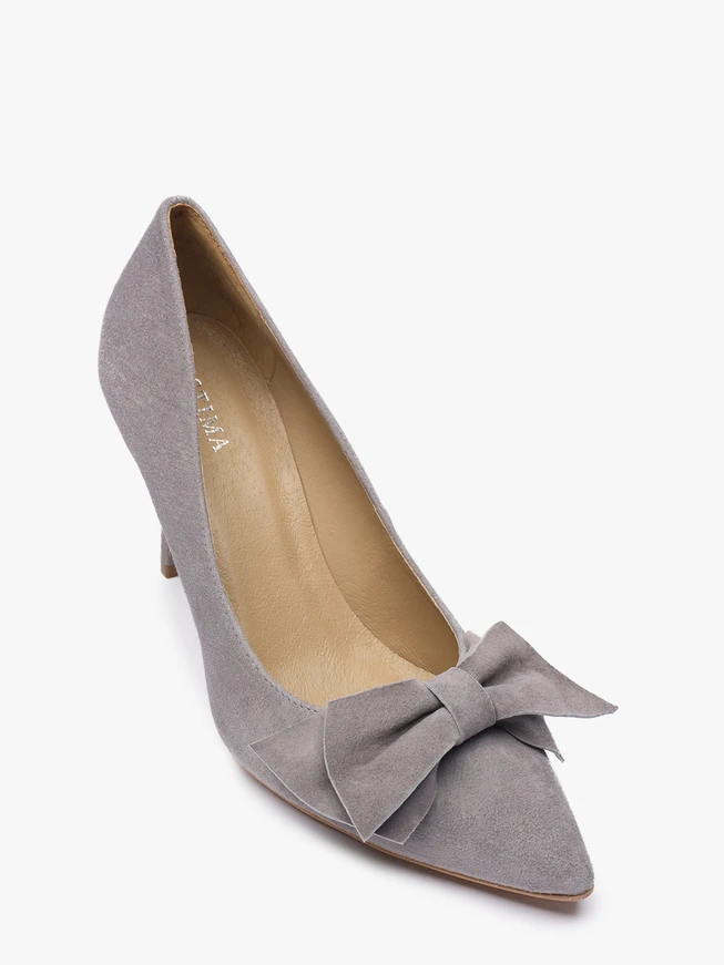 Hellgraue Stiletto-Schleifen-Pumps