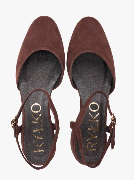 Ciemnobrązowe czółenka slingback na niskim słupku