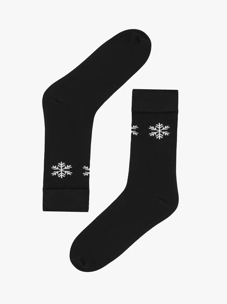 Black unisex Christmas socks with white snowflakes