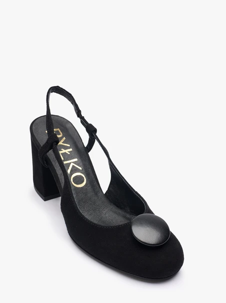 Schwarze Velours-Slingback-Pumps ohne Absatz mit Verzierung