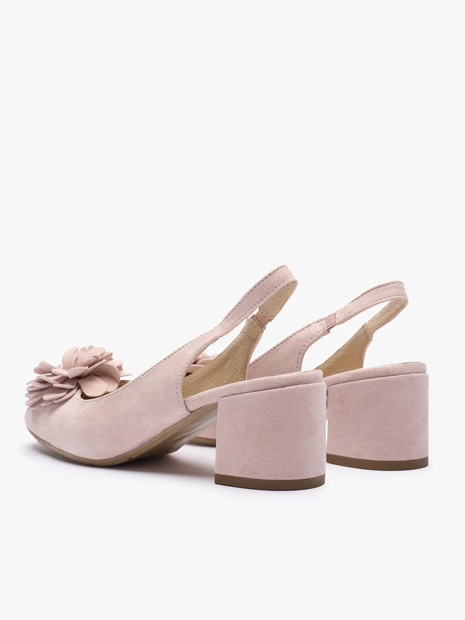 Hellrosa Slingback-Pumps ohne Absatz mit Blumenverzierung