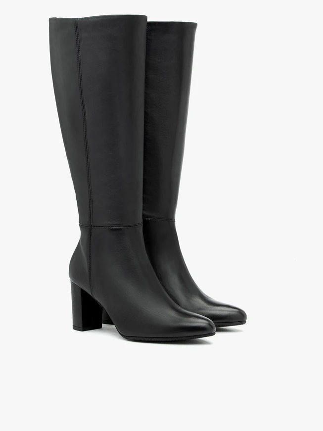 Black leather wide calf knee boots