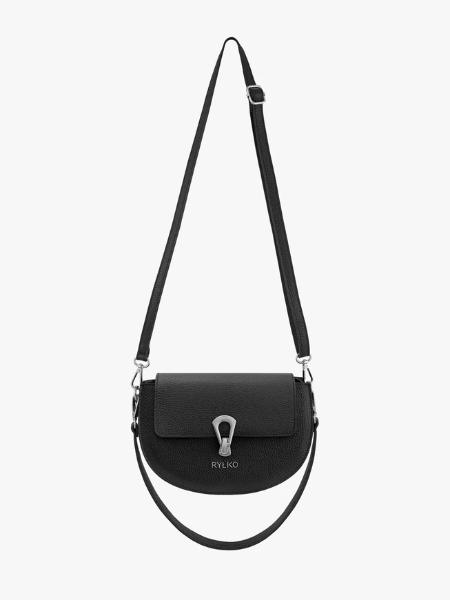 Handtasche aus schwarzem Vollnarbenleder mit dekorativer Schnalle