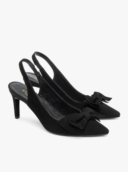 Welurowe czółenka typu slingback z kokardą