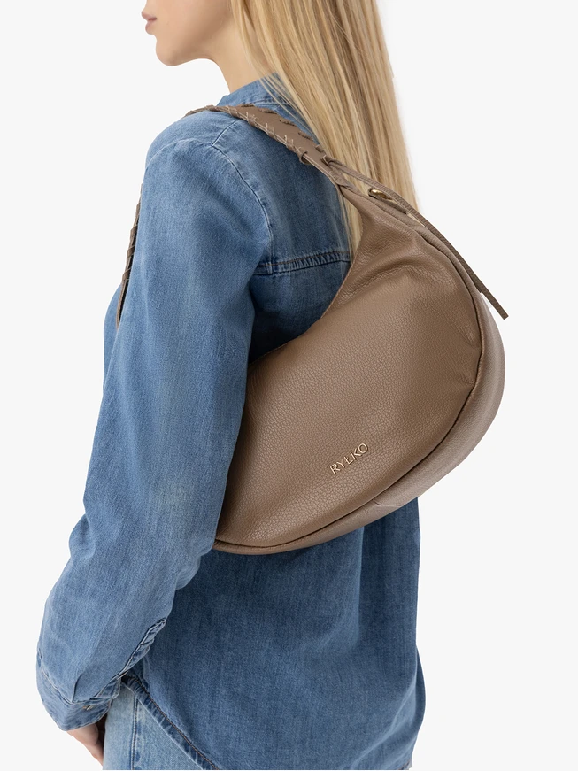 Dunkelbeige Lederhandtasche mit Besatz