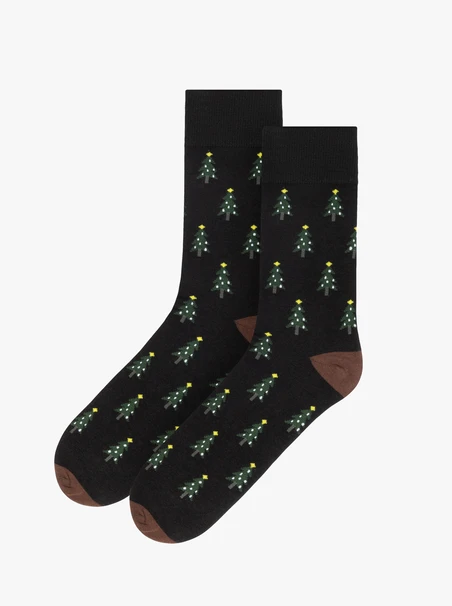 Black unisex Christmas socks with Christmas trees