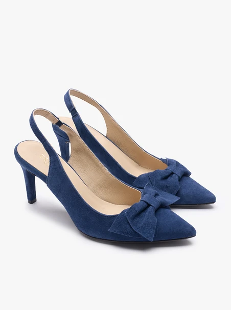 Marineblaue Slingback-Pumps ohne Absatz mit Schleifenverzierung