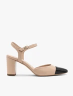 Beige-and-black slingback pumps