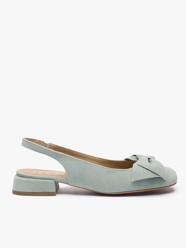 Seegrüne Slingback-Pumps ohne Absatz mit Schleife