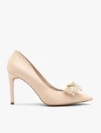 Beige stiletto pumps with detachable bow