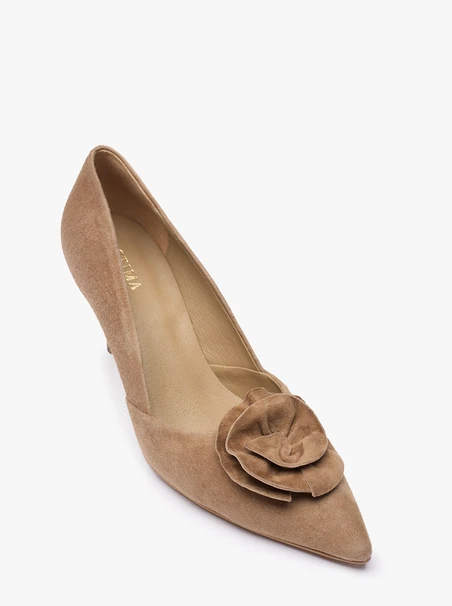 Hellbraune Blumen-Stiletto-Pumps