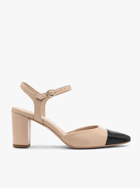 Beigefarbene und schwarze Damen-Pumps mit offenem Absatz