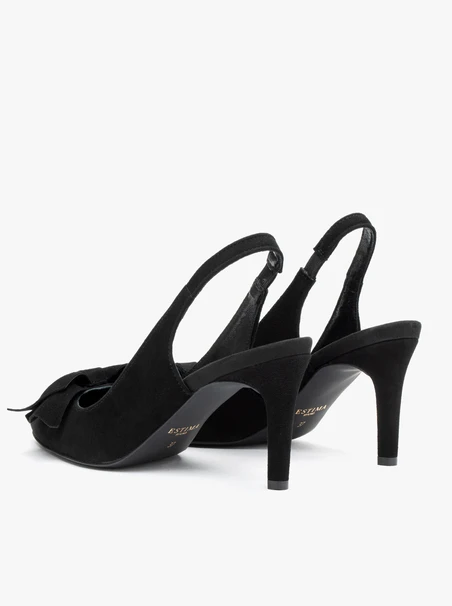 Welurowe czółenka typu slingback z kokardą