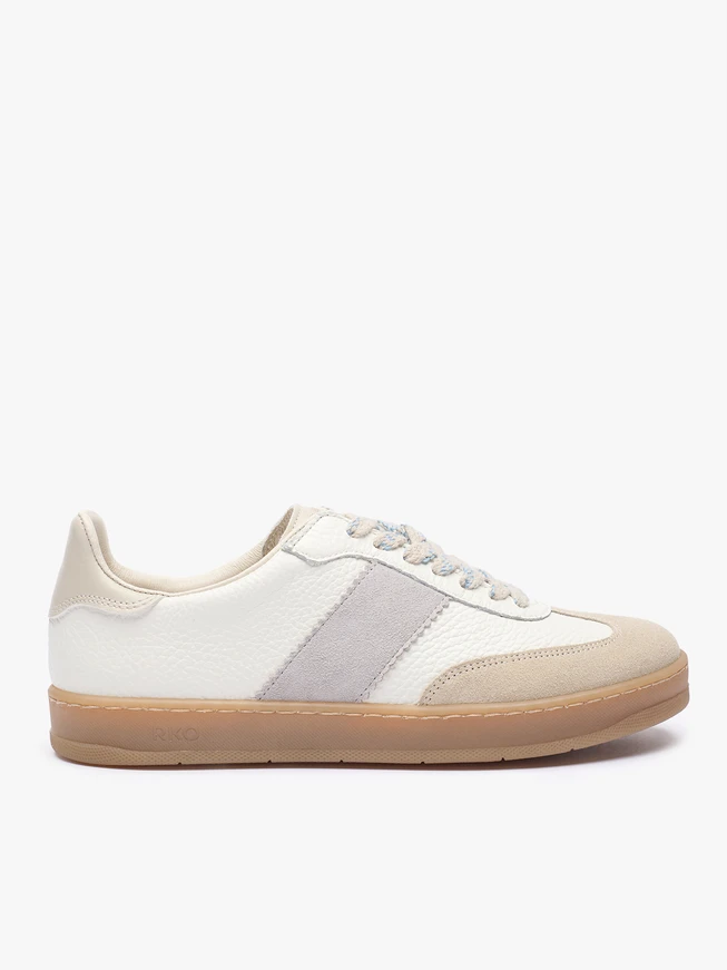 Cremefarbene Turnschuhe mit grauem Riemen