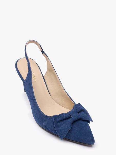 Marineblaue Slingback-Pumps ohne Absatz mit Schleifenverzierung