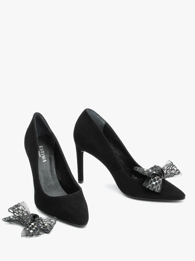 Black suede pumps with bow