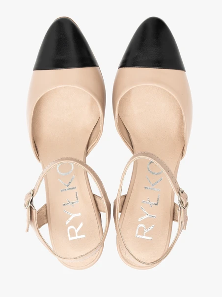 Beigefarbene und schwarze Damen-Pumps mit offenem Absatz