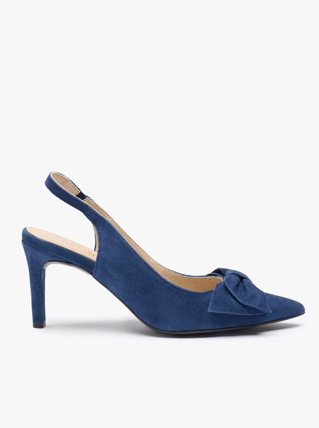 Marineblaue Slingback-Pumps ohne Absatz mit Schleifenverzierung