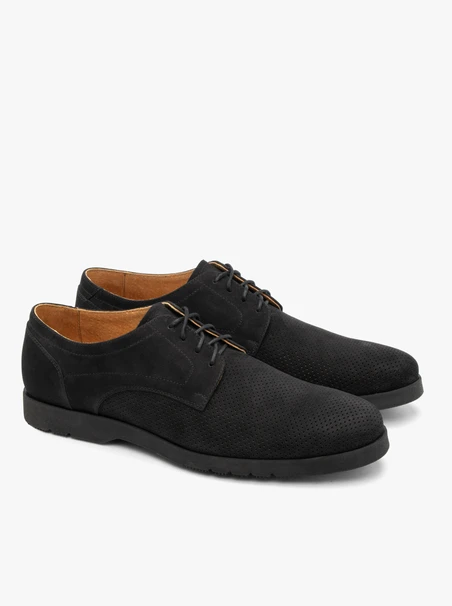 Schwarze Nubuk-Halbschuhe für Männer mit Perforationen auf dem Schaft