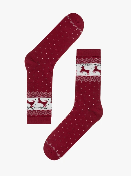 Maroon unisex Christmas socks with reindeer