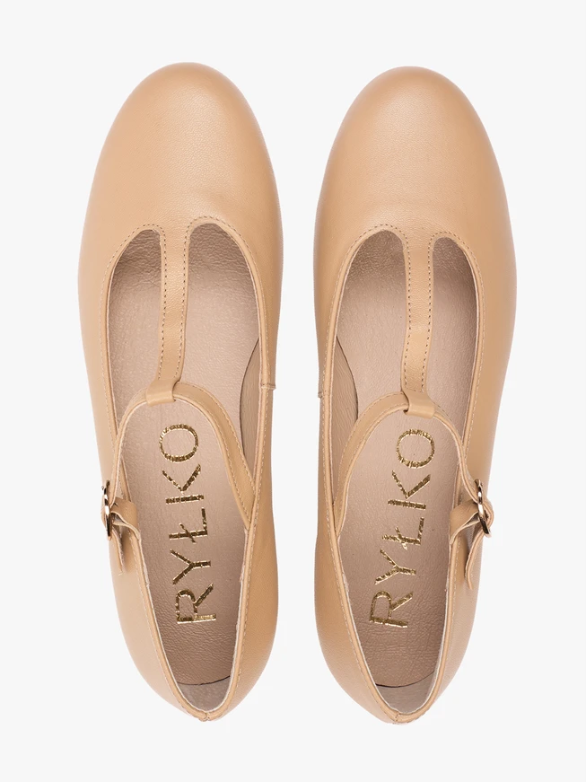 Beigefarbene T-Bar-Ballerinas aus Leder