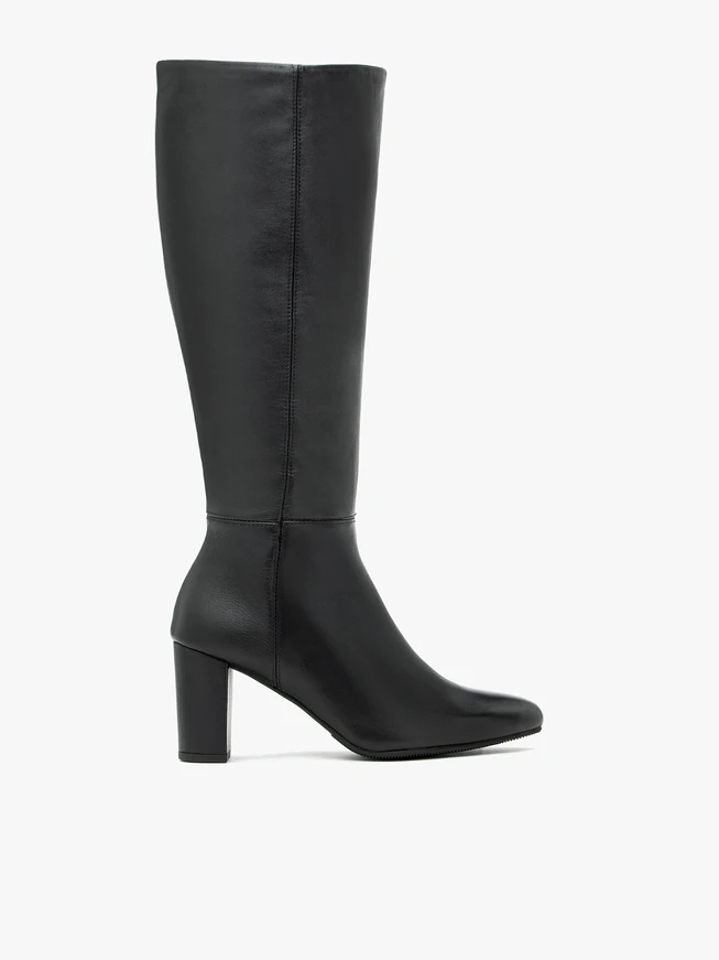Black leather wide calf knee boots