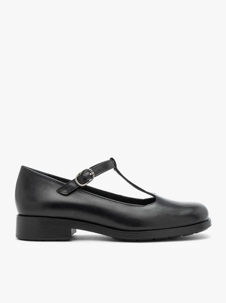 Schwarze T-Bar Vollnarbenleder Ballerinas