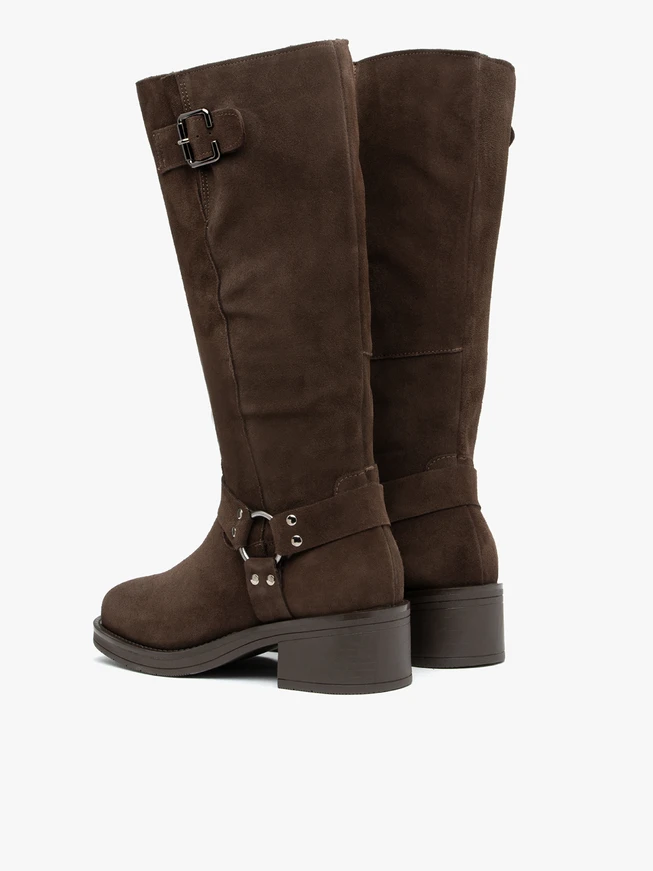 Ciemnobrązowe kozaki biker boots ocieplane kożuchem