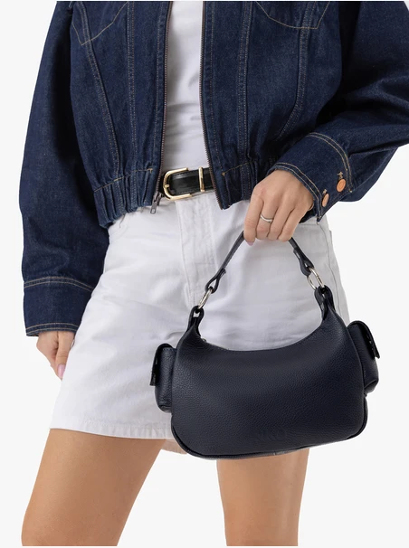 Marineblaue vollnarbige Lederhandtasche