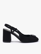 Schwarze Velours-Slingback-Pumps ohne Absatz mit Verzierung