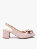 Hellrosa Slingback-Pumps ohne Absatz mit Blumenverzierung