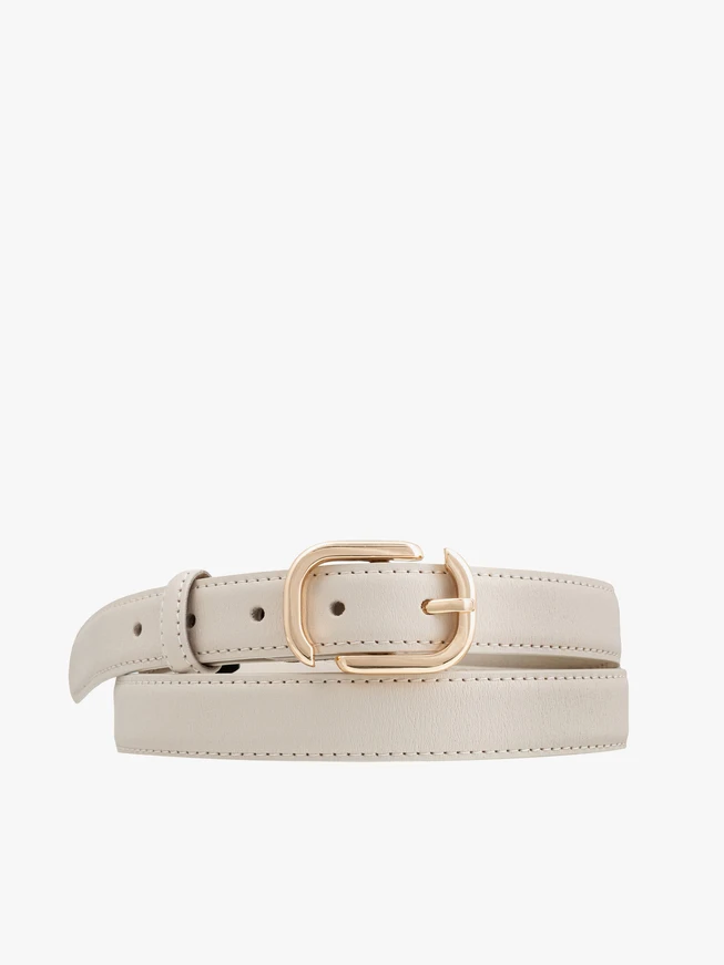 Beige women’s leather belt with a gold buckle