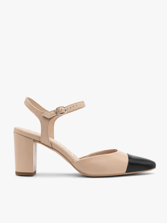 Beige-and-black slingback pumps