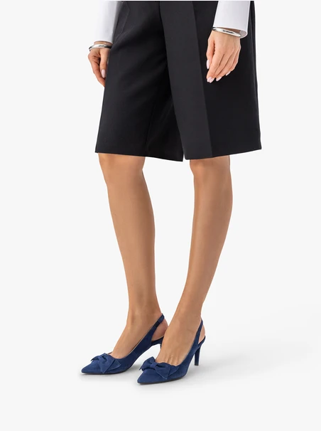 Marineblaue Slingback-Pumps ohne Absatz mit Schleifenverzierung