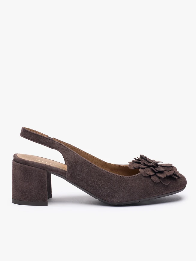 Dunkelbraune Slingback-Pumps ohne Absatz mit Blumenverzierung
