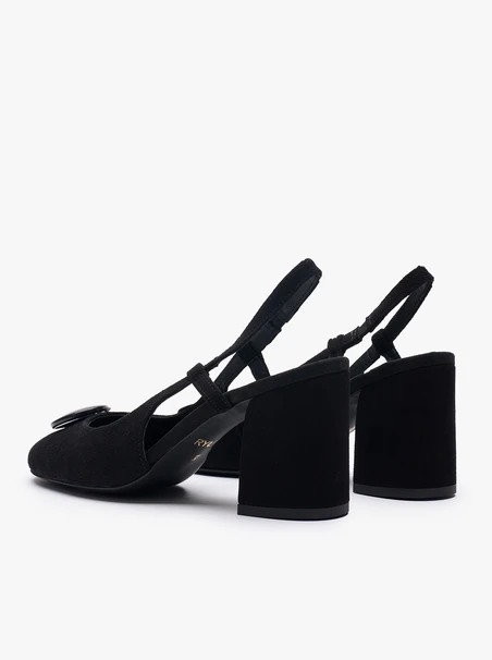 Schwarze Velours-Slingback-Pumps ohne Absatz mit Verzierung