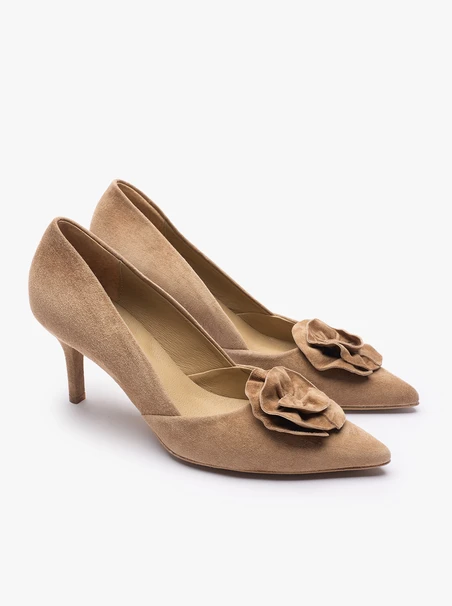 Hellbraune Blumen-Stiletto-Pumps